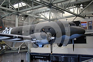 Large fighter plane hanging from rafters, National WWII Museum, New Orleans, 2016