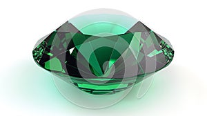 A large, finely cut emerald gemstone with intricate facets on a white surface