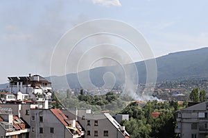 A large fire is burning from burning stubble in Sofia, Bulgaria on August, 3, 2021. The fire is burning the forest, field, houses