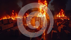 A large fire is burning in a large warehouse
