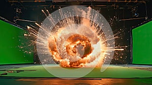 Large fire explosion in front of a green screen on a film set with professional lighting equipment
