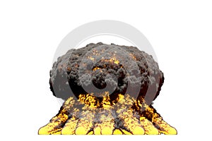 Big blast 3D illustration of detailed fire mushroom cloud explosion with flames and smoke, it looks like atom bomb or any other