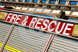 Large Fire and Rescue sign on fire engine.