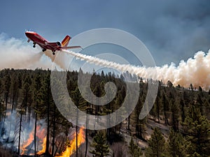 A large firefighting aircraft flies over a forest fire