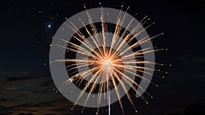 Bright golden fireworks exploding in the night sky