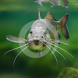 Large fish with elongated body, prominent head, whisker like barbels swims in pond photo