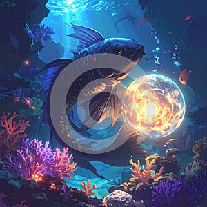 Large fish interacting with glowing orb