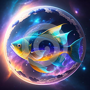 A large fish swims in space among the stars against the backdrop of the planet