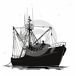 A large fishing boat is shown in black and white photo