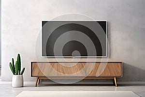 Large Flat Screen TV on Wooden Cabinet
