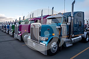 A large fleet of classic american semi trucks parked in a row