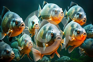 Large flock of fish consisting of fast aggressive piranhas