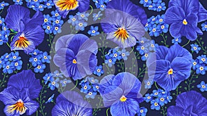 Large floral background with blue flowers Pansies and Forget-me-not on dark background