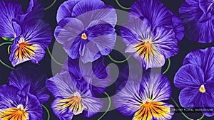 Large floral background with dark purple, blue flowers Pansies, Viola on dark background in desktop wallpaper for computer,