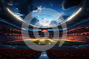 Large football stadium, seats and sky, shot with wide angle lens. Green terrain