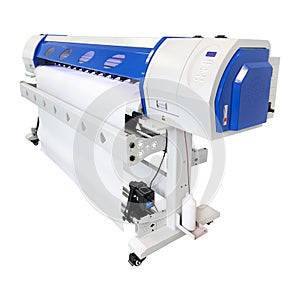Large format ink jet printer on white background. Vinyl printout machine for use in sticker or poster billboard industry