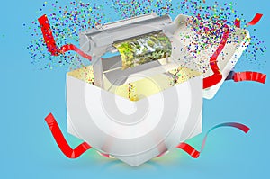 Large format inkjet printing. Plotter inside gift box, 3D rendering