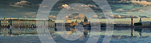 Large-format panorama of St. Petersburg and the Neva river against the picturesque sky