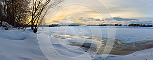 Large-format panorama with a winter landscape at sunset