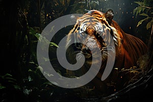 A large and formidable tiger in the deep forest. Wildlife Animals. photo