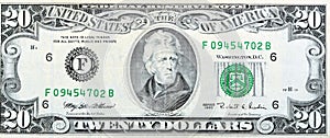 Large fragment of the Obverse side of 20 twenty dollars bill banknote series 1995 with the portrait of president Andrew Jackson,