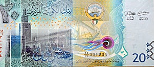 obverse side of 20 KWD twenty Kuwaiti dinars bill banknote features Seif Palace and a dhow ship photo
