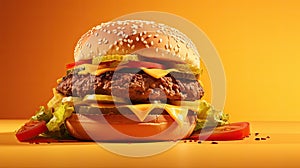 A large fresh juicy burger on a yellow background. Popular fast food