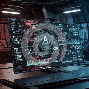 A large, futuristic screen displays a complex interface featuring digital graphics, data