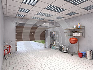 Large garage with workspace and car components