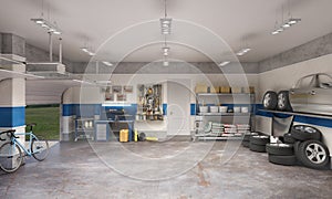 Large garage with workspace and car components