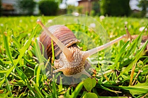 A large garden snail with a striped shell close-up crawls on the green grass of the lawn