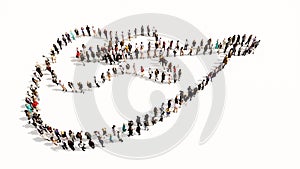 Large gathering of people forming a guitar image on white background