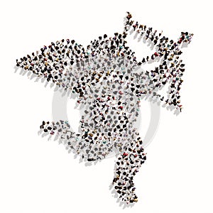 Large gathering of people forming the image of baby Cupid with an arrow on white background