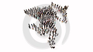 Large gathering  of people forming the image of baby Cupid with an arrow on white background