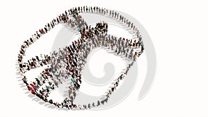 Large gathering  of people forming an image of the vitruvius man on white background