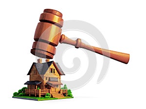 Large gavel hitting house. Concept legal auction - real estate - nexus of law, property, taxation, and investment