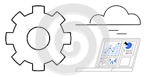 Gear and cloud with laptop displaying data report and analytics for workflow optimization