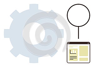 Gear, magnifying glass, and data analysis window representing optimization and process evaluation
