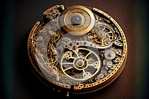 large gears and details in disassembled clockwork of antique mechanical watch