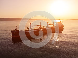 Large general cargo ship tanker bulk carrier, Top down aerial view