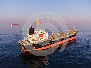 Large general cargo ship tanker bulk carrier, Top down aerial view