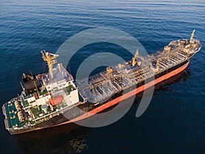 Large general cargo ship tanker bulk carrier, Top down aerial view