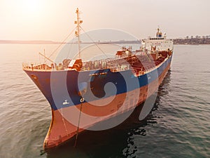 Large general cargo ship tanker bulk carrier, Top down aerial view