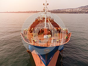 Large general cargo ship tanker bulk carrier, Top down aerial view