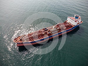 Large general cargo ship tanker bulk carrier, Top down aerial view