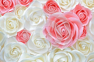 Large Giant Paper Flowers. Big pink, white, beige Rose, peony made from paper. Pastel paper background pattern lovely style. Flowe