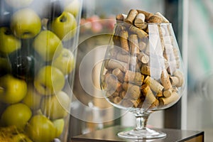 Large glass corks. decorated. apples in a vase