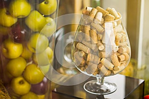 Large glass corks. decorated. apples in a vase