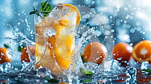 Large glass filled with cold orange juice with ice cubes, decorated with green leaves of fresh mint and orange halves is on table