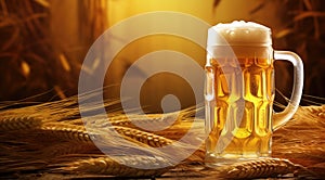 large glass of light unfiltered beer, malt, hops, barley ears standing on an old wooden table dyeing, natural background